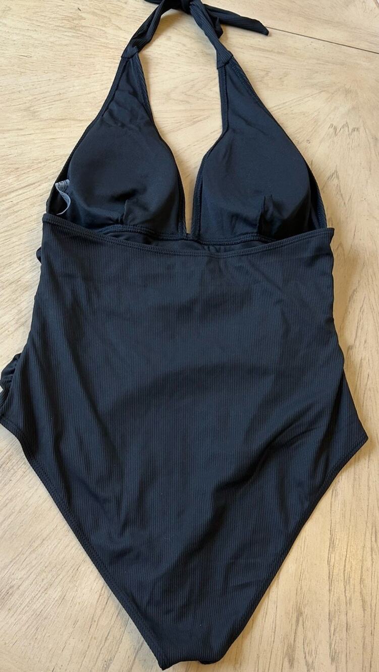 Women’s Black Swimsuit Halter Top One Piece Ribbed Ruching Tummy Control Large